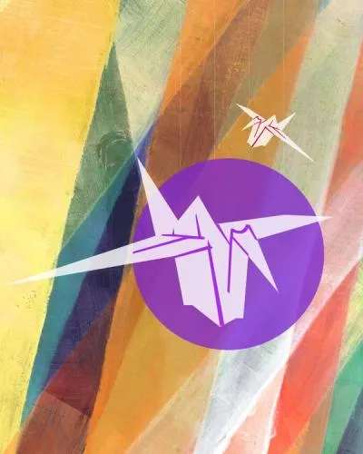 An illustration of a paper crane overlaid on multicolored artwork.