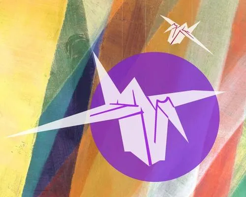 An illustration of a paper crane overlaid on multicolored artwork.