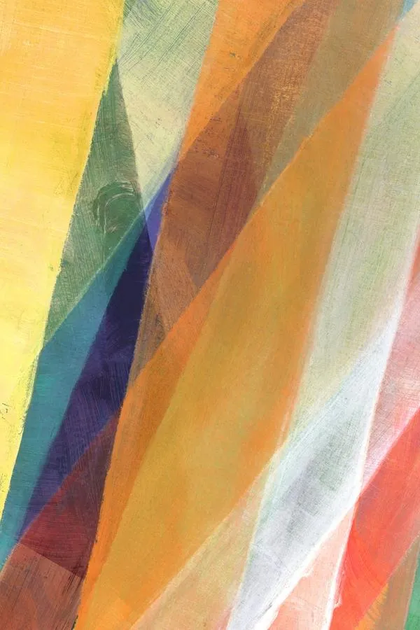 Abstract painting of bright, overlapping colors and lines.